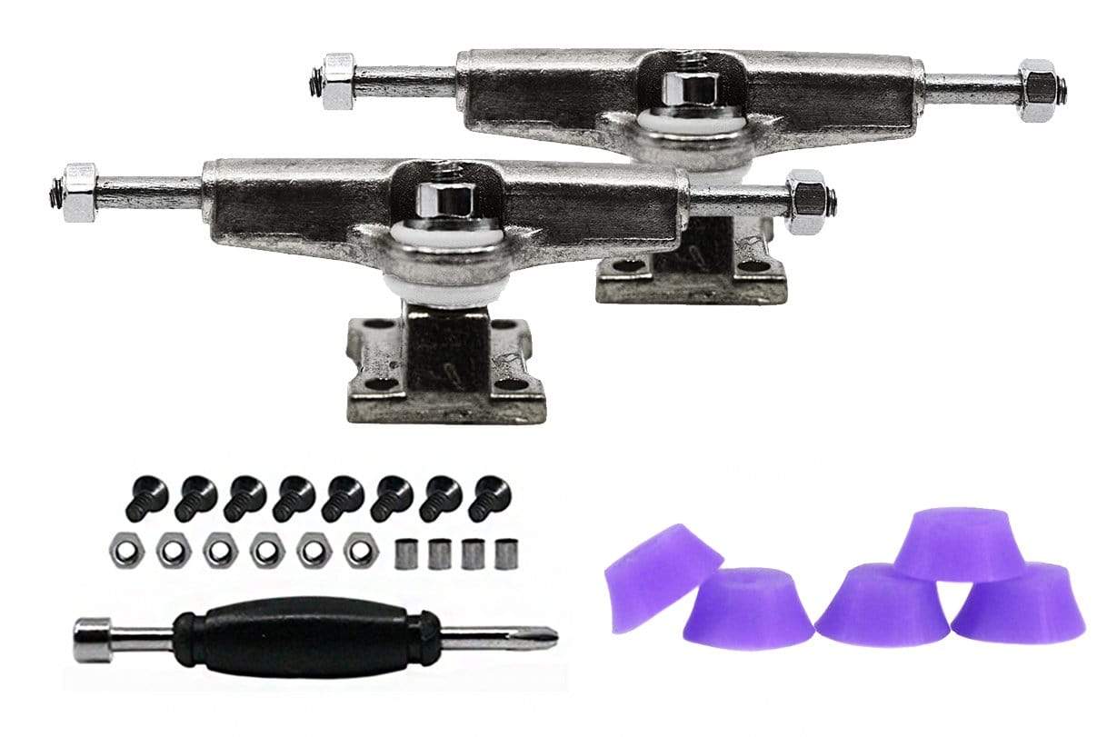 Teak Tuning Fingerboard Spacer Trucks, Chrome Silver - Includes Set of 5 Purple Bubble Bushings - 32mm Width