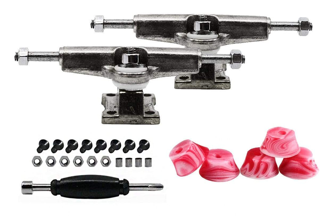 Teak Tuning Fingerboard Spacer Trucks, Chrome Silver - Includes Set of 5 Red & White Swirl Bubble Bushings - 32mm Width