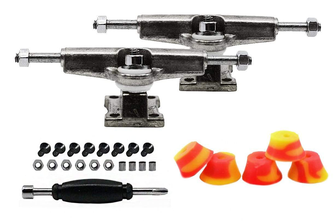 Teak Tuning Fingerboard Spacer Trucks, Chrome Silver - Includes Set of 5 Red & Yellow Swirl Bubble Bushings - 32mm Width