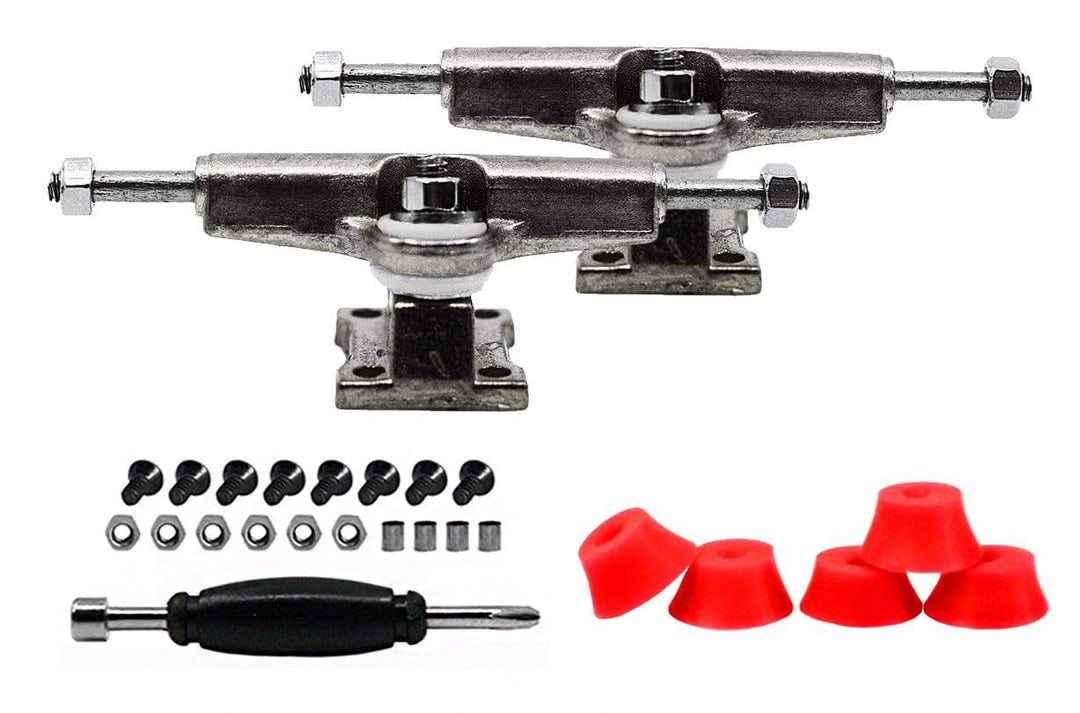 Teak Tuning Fingerboard Spacer Trucks, Chrome Silver - Includes Set of 5 Red Bubble Bushings - 32mm Width