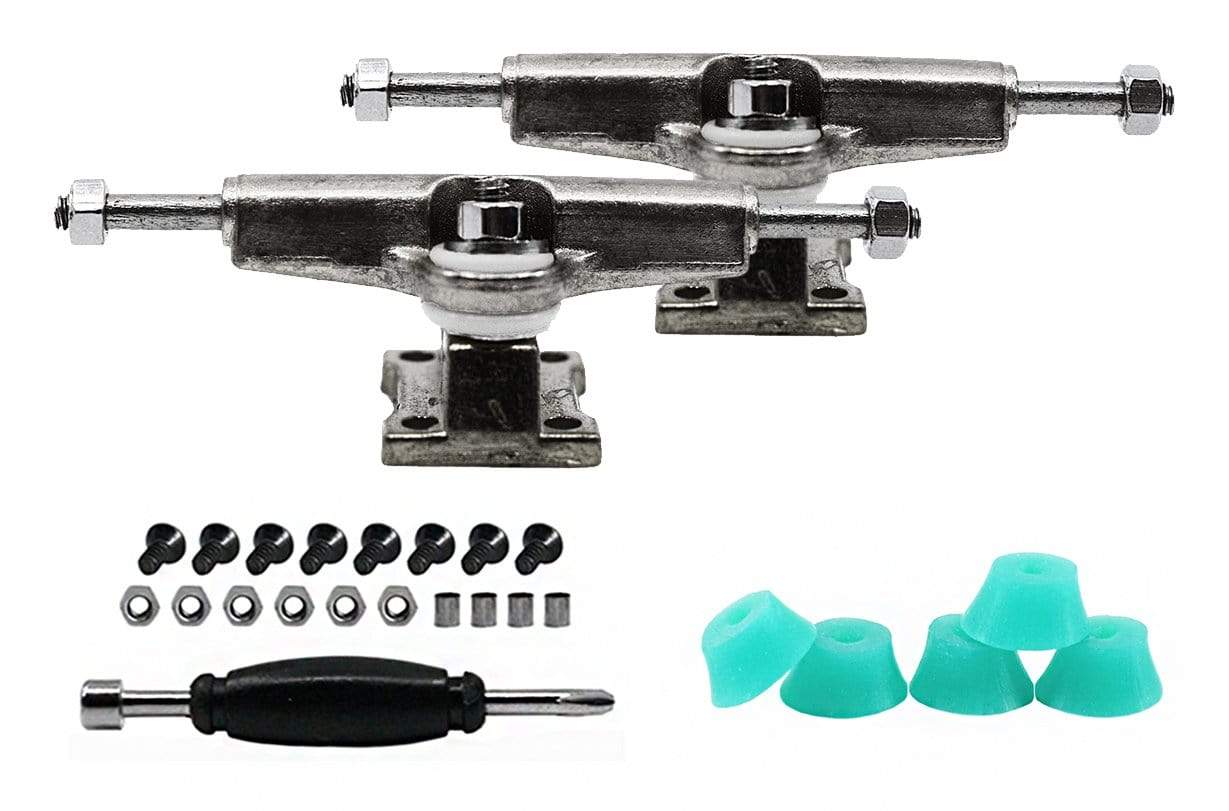 Teak Tuning Fingerboard Spacer Trucks, Chrome Silver - Includes Set of 5 Teal Bubble Bushings - 32mm Width
