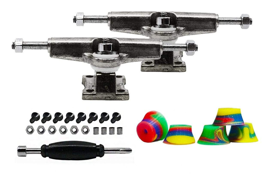 Teak Tuning Fingerboard Spacer Trucks, Chrome Silver - Includes Set of 5 Tie Dye Swirl Bubble Bushings - 32mm Width