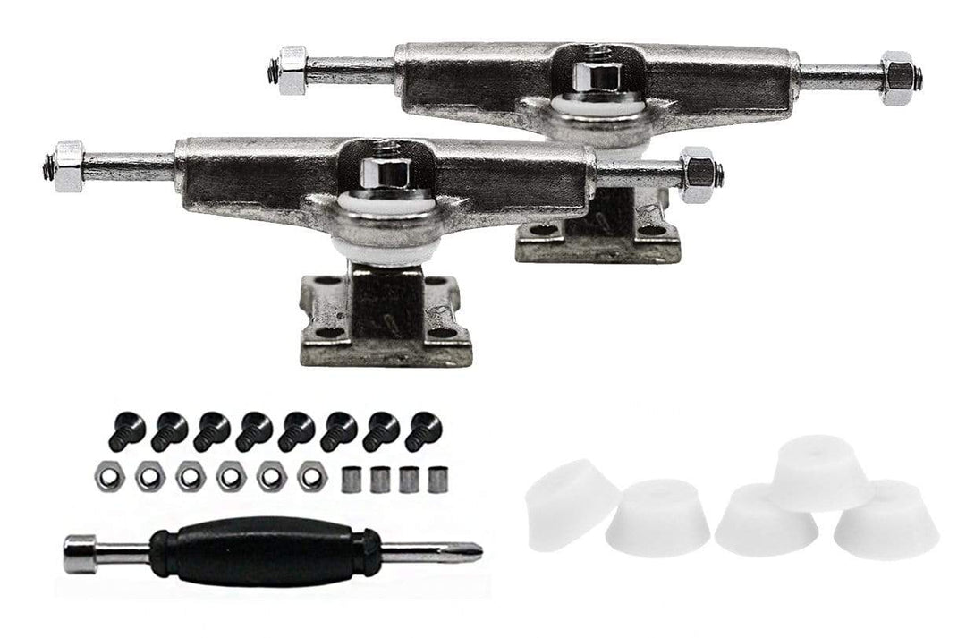 Teak Tuning Fingerboard Spacer Trucks, Chrome Silver - Includes Set of 5 White Bubble Bushings - 32mm Width