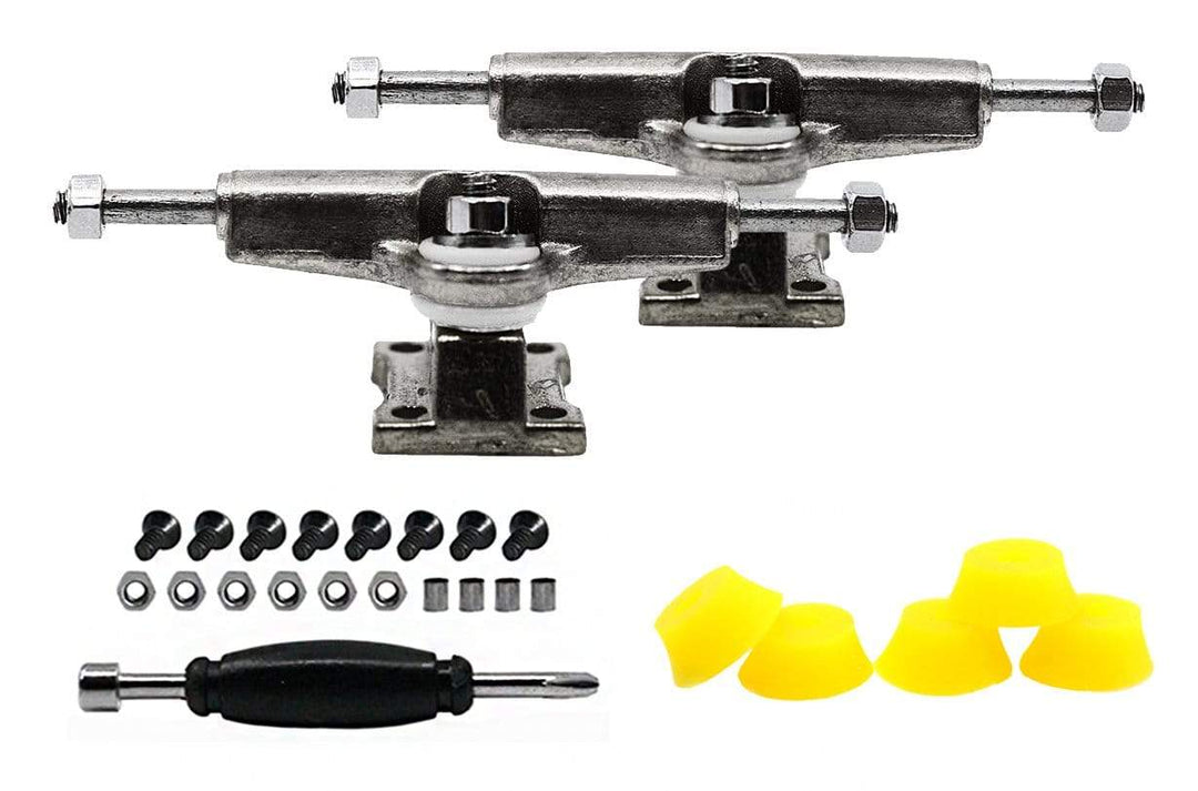 Teak Tuning Fingerboard Spacer Trucks, Chrome Silver - Includes Set of 5 Yellow Bubble Bushings - 32mm Width