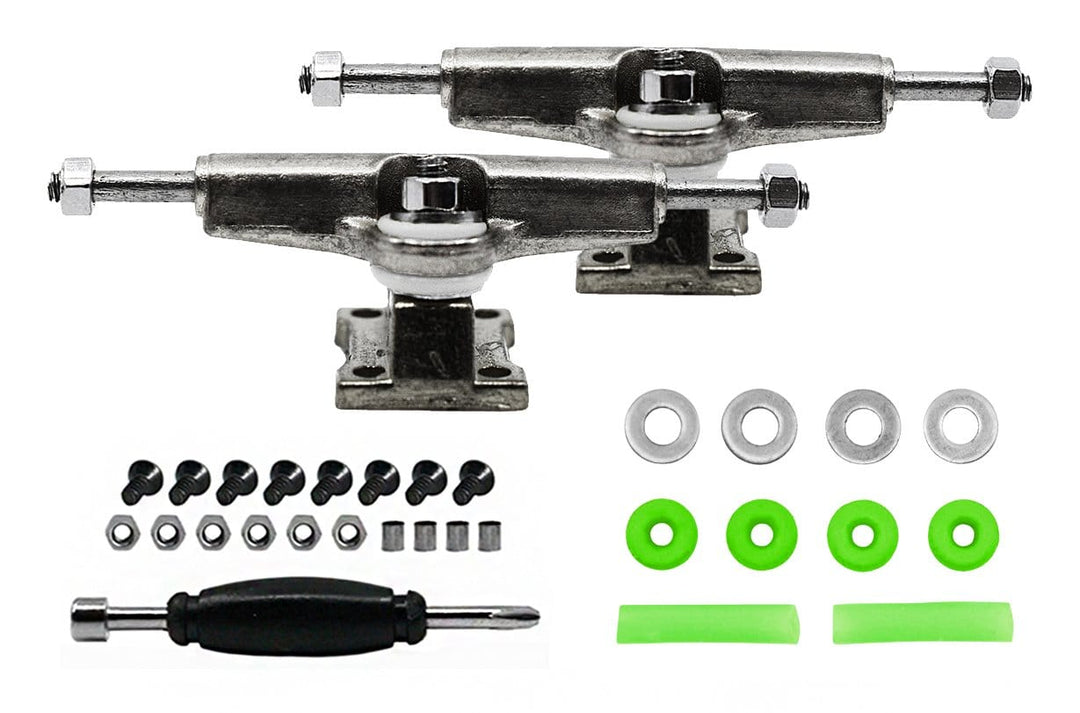 Teak Tuning Fingerboard Spacer Trucks, Chrome Silver - Includes Green O-Ring Tuning - 32mm Width