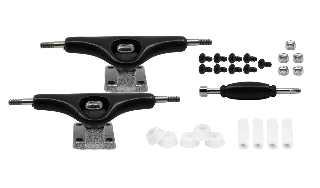 Teak Tuning Prodigy Pro Plus Trucks, Black & Silver Mixed Colorway - 32mm Wide - Includes 61A Pro Duro Bubble Bushings in Clear Glow + 2 Clear Pivot Cups
