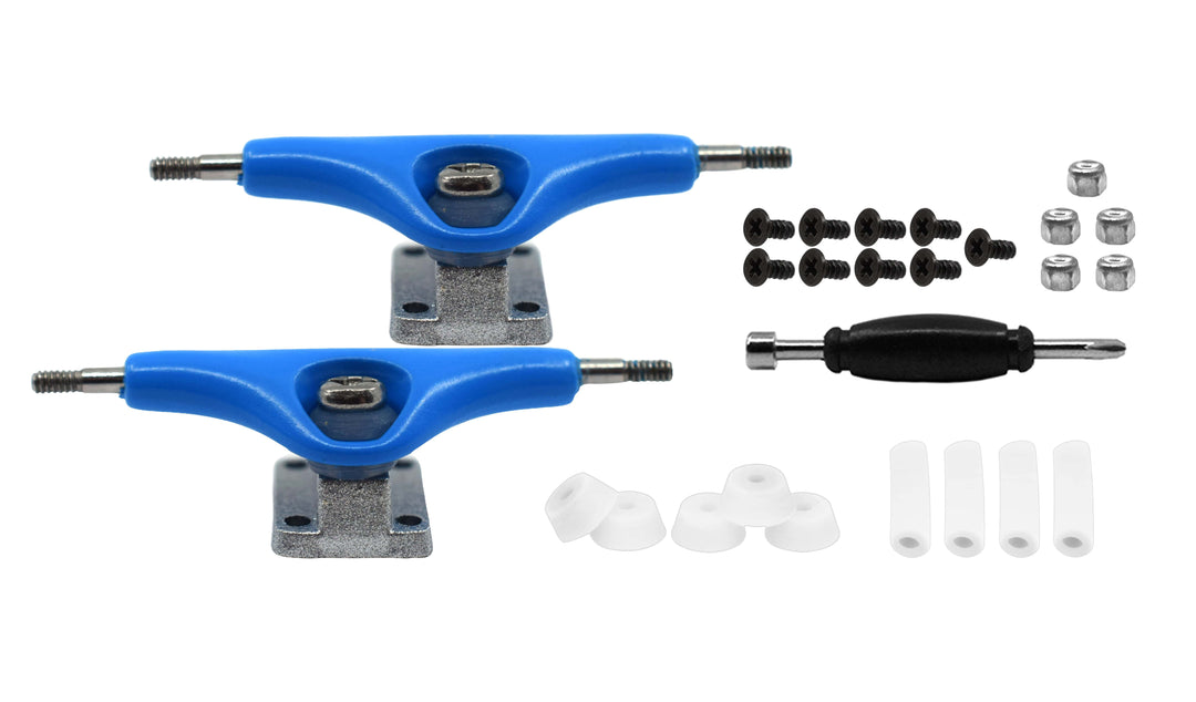 Teak Tuning Prodigy Pro Plus Trucks, Blue & Silver Mixed Colorway - 32mm Wide - Includes 61A Pro Duro Bubble Bushings in Clear Glow + 2 Clear Pivot Cups
