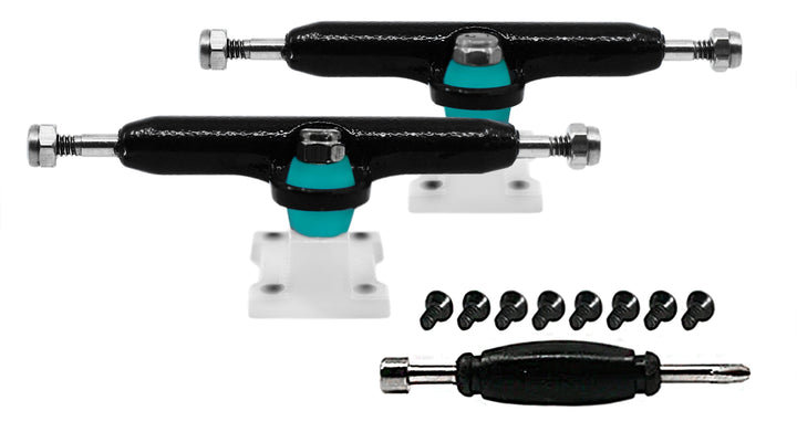 Teak Tuning Professional Shaped Prodigy Trucks, Black and White "Penguin" Colorway - 32mm Wide - Includes Free 61A Pro Duro Bubble Bushings in Teak Teal Penguin Colorway