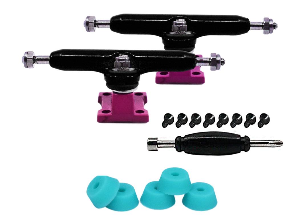 Teak Tuning Professional Shaped Prodigy Trucks, Black and Pink "Old Skool" Colorway - 32mm Wide - Includes Free 61A Pro Duro Bubble Bushings in Teak Teal