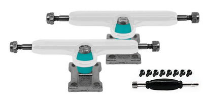 Teak Tuning Professional Shaped Prodigy Trucks, White and Silver "Chrome Yeti" Colorway - 32mm Wide- Includes Free 61A Pro Duro Bubble Bushings in Teak Teal Chrome Yeti Colorway