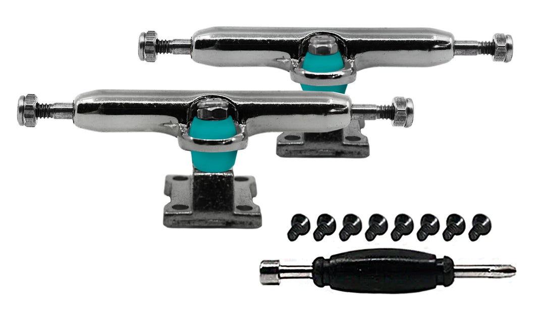 Teak Tuning Professional Shaped Prodigy Trucks,  Silver Chrome Colorway - 32mm Wide - Includes Free 61A Pro Duro Bubble Bushings in Teak Teal Silver Chrome