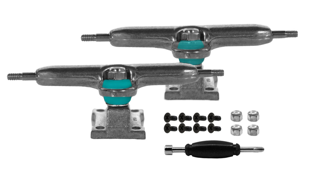 Teak Tuning Fingerboard Prodigy Trucks with Upgraded Tuning, Raw Steel - 34mm Width - Includes Free 61A Pro Duro Bubble Bushings in Teak Teal Raw Steel