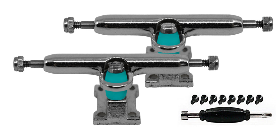 Teak Tuning Fingerboard Prodigy Trucks with Upgraded Tuning, Silver - 34mm Width - Includes Free 61A Pro Duro Bubble Bushings in Teak Teal Silver