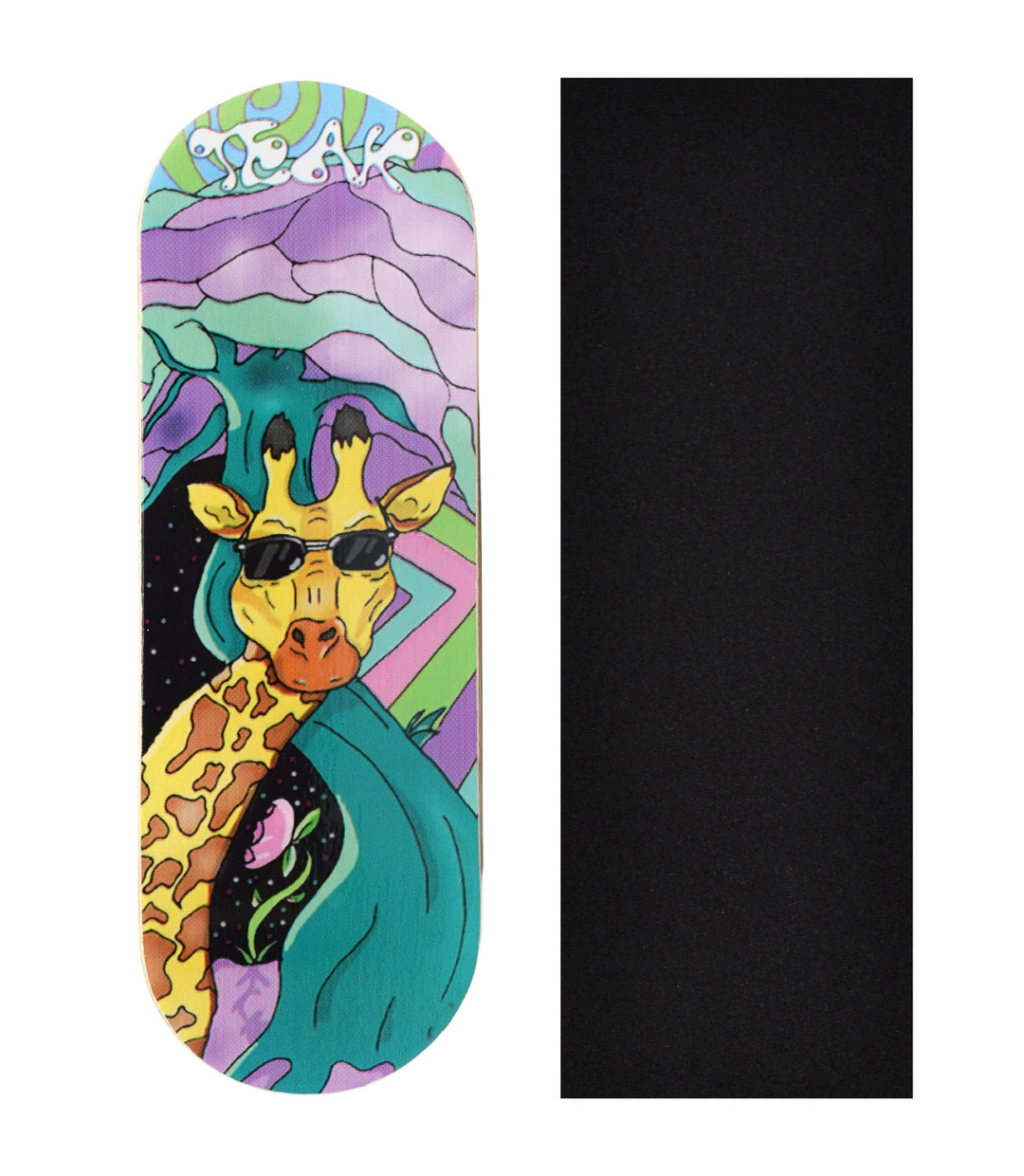 Teak Tuning Heat Transfer Graphic Wooden Fingerboard Deck, "Graffiti Giraffe" - 32mm x 97mm