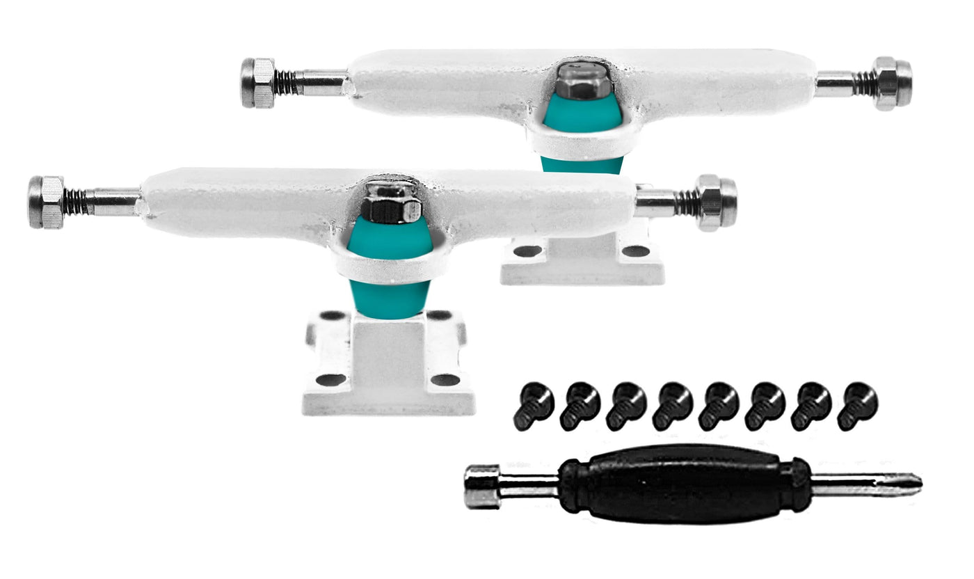 Teak Tuning Professional Shaped Prodigy Trucks,  White Colorway - 32mm Wide - Includes Free 61A Pro Duro Bubble Bushings in Teak Teal White
