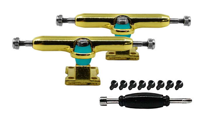 Teak Tuning Professional Shaped Prodigy Trucks, Gold Colorway - 32mm Wide- Includes Free 61A Pro Duro Bubble Bushings in Teak Teal Gold Chrome
