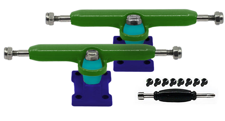 Teak Tuning Professional Shaped Prodigy Trucks, Green and Blue "Peacock" Colorway - 32mm Wide- Includes Free 61A Pro Duro Bubble Bushings in Teak Teal