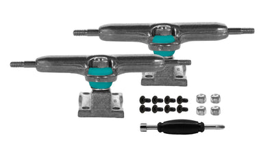 Teak Tuning Professional Shaped Prodigy Trucks,  Raw Steel Colorway - 32mm Wide - Includes Free 61A Pro Duro Bubble Bushings in Teak Teal Raw Steel