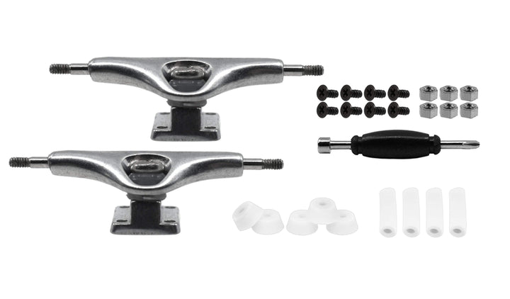 Teak Tuning Prodigy Pro Plus Trucks, Polished Silver Colorway - 32mm Wide - Includes 61A Pro Duro Bubble Bushings in Clear Glow + 2 Clear Pivot Cups Polished Silver Chrome