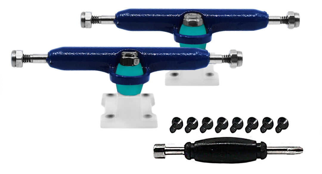 Teak Tuning Professional Shaped Prodigy Trucks, Blue and White "Seaside" Colorway - 32mm Wide - Includes Free 61A Pro Duro Bubble Bushings in Teak Teal