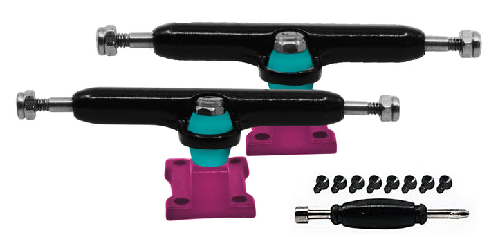 Teak Tuning Professional Shaped Prodigy Trucks, Black and Pink "Old Skool" Colorway - 32mm Wide - Includes Free 61A Pro Duro Bubble Bushings in Teak Teal