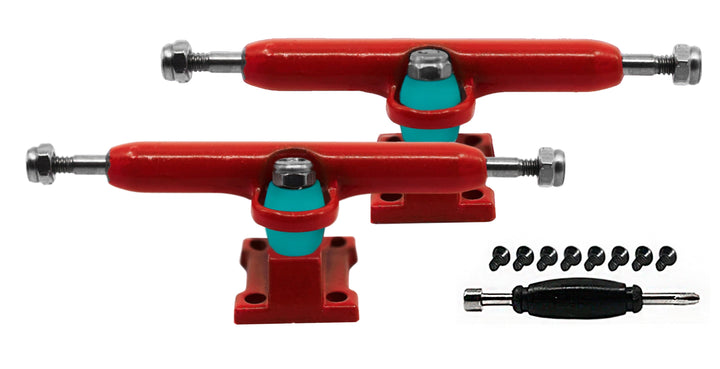Teak Tuning Fingerboard Prodigy Trucks with Upgraded Tuning, Red - 34mm Width - Includes Free 61A Pro Duro Bubble Bushings in Teak Teal Red