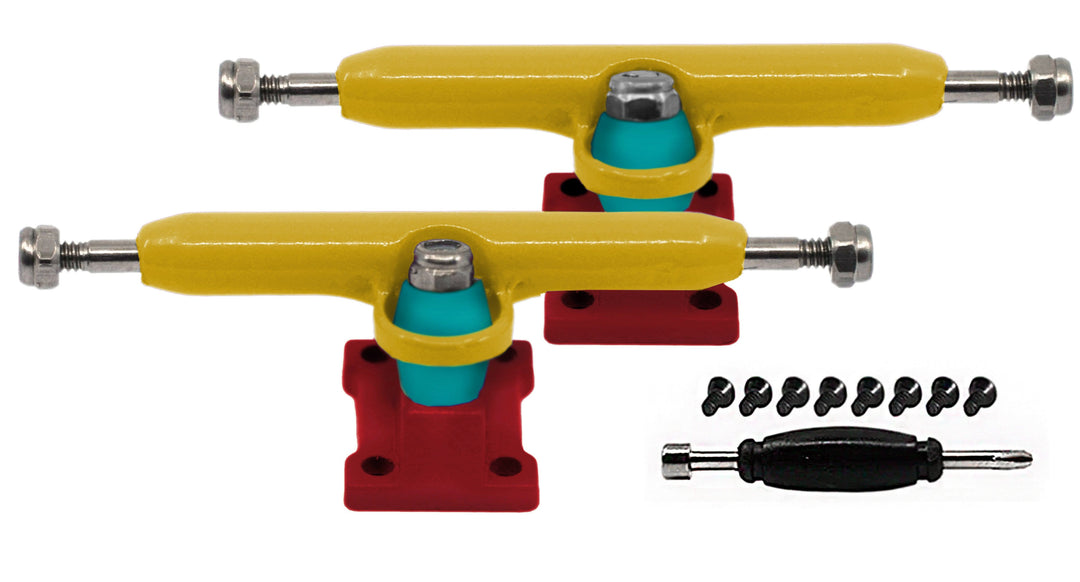 Teak Tuning Professional Shaped Prodigy Trucks, Yellow and Red "Comic Duel" Colorway - 32mm Wide- Includes Free 61A Pro Duro Bubble Bushings in Teak Teal