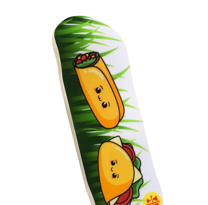 Teak Tuning Heat Transfer Graphic Wooden Fingerboard Deck, "Happy Tacos" - 32mm x 97mm