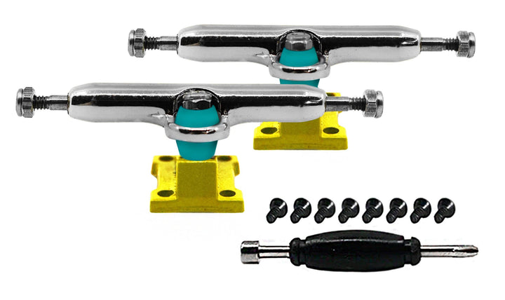 Teak Tuning Professional Shaped Prodigy Trucks, Silver and Yellow "Yellow Snapper" Colorway - 32mm Wide- Includes Free 61A Pro Duro Bubble Bushings in Teak Teal