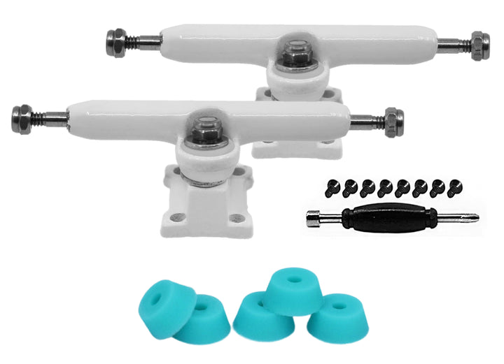 Teak Tuning Fingerboard Prodigy Trucks with Upgraded Tuning, White - 34mm Width - Includes Free 61A Pro Duro Bubble Bushings in Teak Teal White