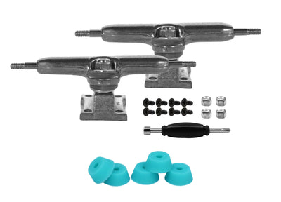 Teak Tuning Professional Shaped Prodigy Trucks,  Raw Steel Colorway - 32mm Wide - Includes Free 61A Pro Duro Bubble Bushings in Teak Teal Raw Steel
