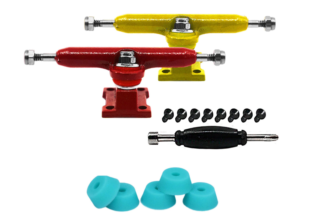 Teak Tuning Professional Shaped Prodigy Trucks, "Fun Home" - Red & Yellow - 32mm Wide - Includes Free 61A Pro Duro Bubble Bushings in Teak Teal