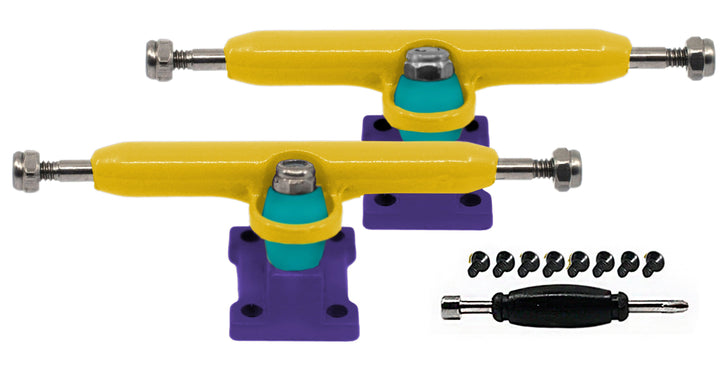 Teak Tuning Professional Shaped Prodigy Trucks, Yellow and Purple "Fruit Punch" Colorway - 32mm Wide- Includes Free 61A Pro Duro Bubble Bushings in Teak Teal Fruit Punch Colorway