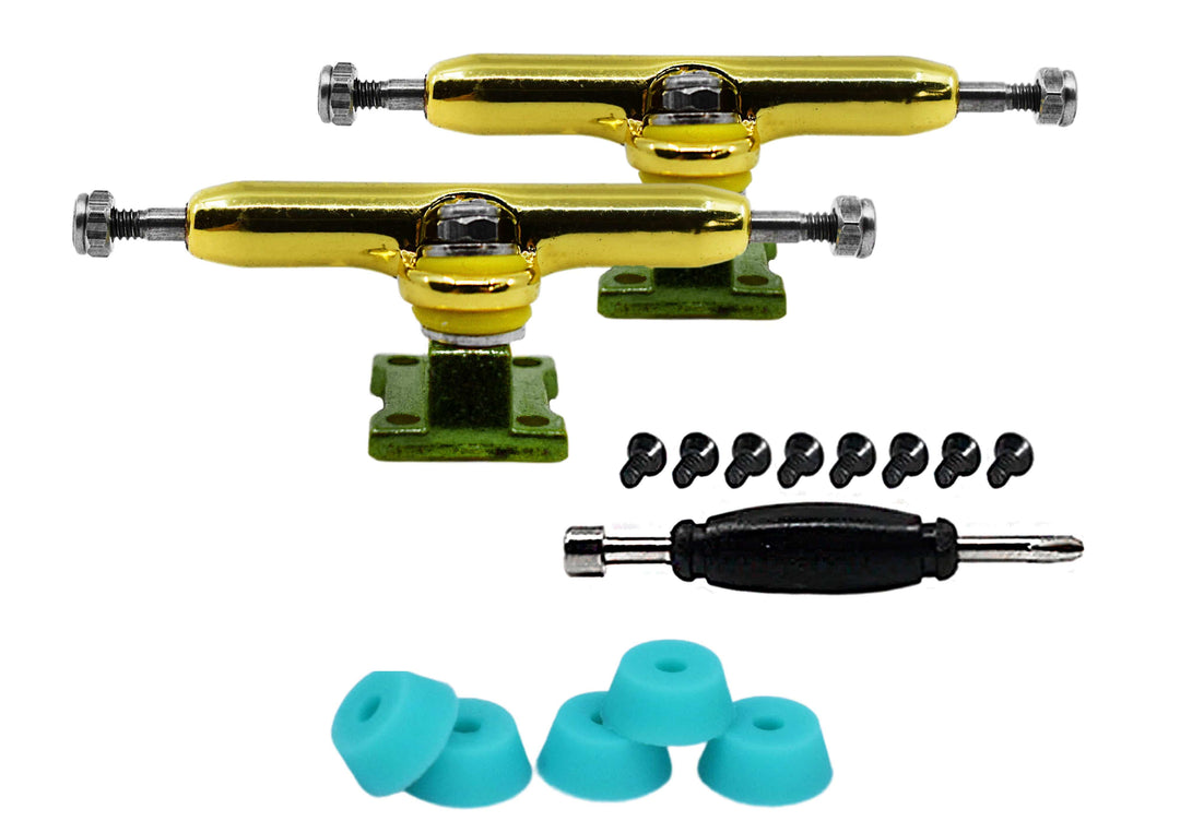 Teak Tuning Professional Shaped Prodigy Trucks, Gold and Green "Marbled" Colorway - 32mm Wide- Includes Free 61A Pro Duro Bubble Bushings in Teak Teal