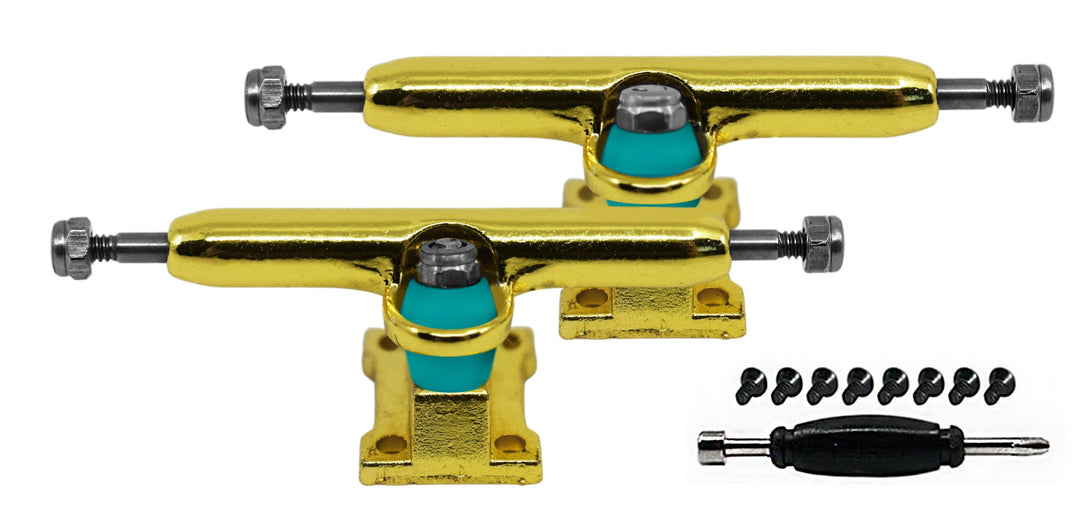 Teak Tuning Fingerboard Prodigy Trucks with Upgraded Tuning, Gold - 34mm Width - Includes Free 61A Pro Duro Bubble Bushings in Teak Teal Gold