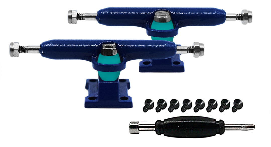 Teak Tuning Professional Shaped Prodigy Trucks, Dark Blue Colorway - 32mm Wide - Includes Free 61A Pro Duro Bubble Bushings in Teak Teal Blue
