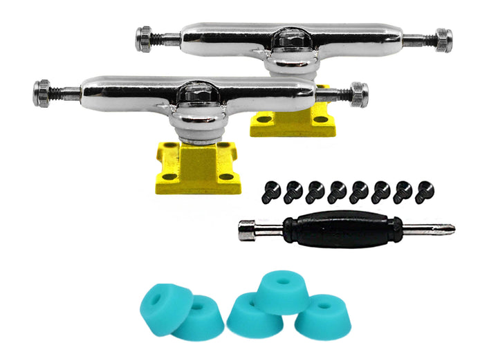 Teak Tuning Professional Shaped Prodigy Trucks, Silver and Yellow "Yellow Snapper" Colorway - 32mm Wide- Includes Free 61A Pro Duro Bubble Bushings in Teak Teal