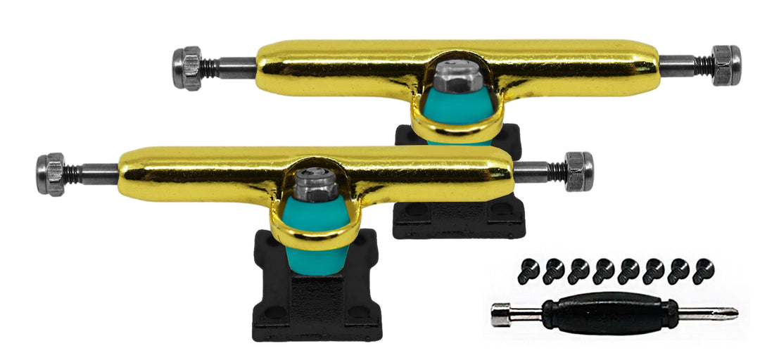 Teak Tuning Professional Shaped Prodigy Trucks, Black and Gold "Black Mamba" Colorway - 32mm Wide - Includes Free 61A Pro Duro Bubble Bushings in Teak Teal Gold Mamba Colorway