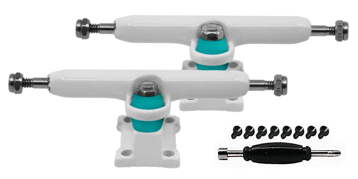 Teak Tuning Fingerboard Prodigy Trucks with Upgraded Tuning, White - 34mm Width - Includes Free 61A Pro Duro Bubble Bushings in Teak Teal White