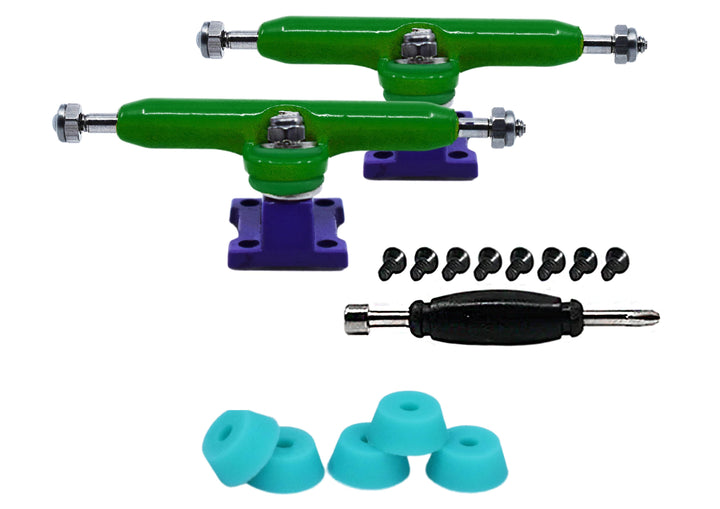 Teak Tuning Professional Shaped Prodigy Trucks, Green and Blue "Peacock" Colorway - 32mm Wide- Includes Free 61A Pro Duro Bubble Bushings in Teak Teal