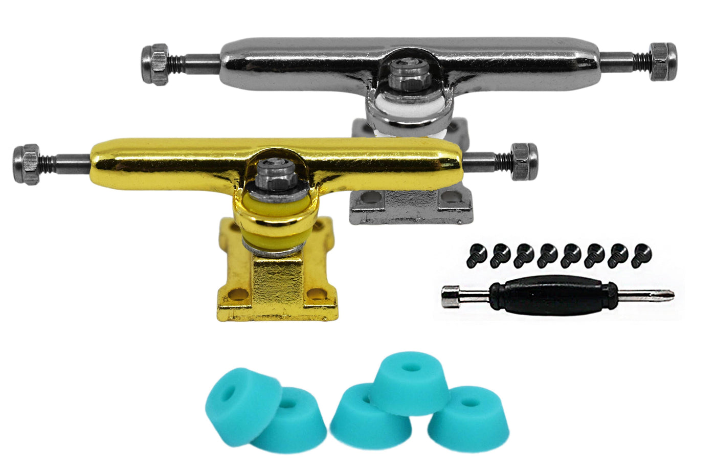 Teak Tuning Fingerboard Prodigy Pro Trucks with Upgraded Tuning, "Sweet Charity" - Gold & Silver - 34mm Width - Includes Free 61A Pro Duro Bubble Bushings in Teak Teal
