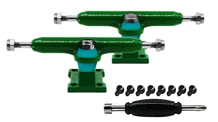 Teak Tuning Fingerboard Prodigy Trucks with Upgraded Tuning, Green - 34mm Width - Includes Free 61A Pro Duro Bubble Bushings in Teak Teal Green