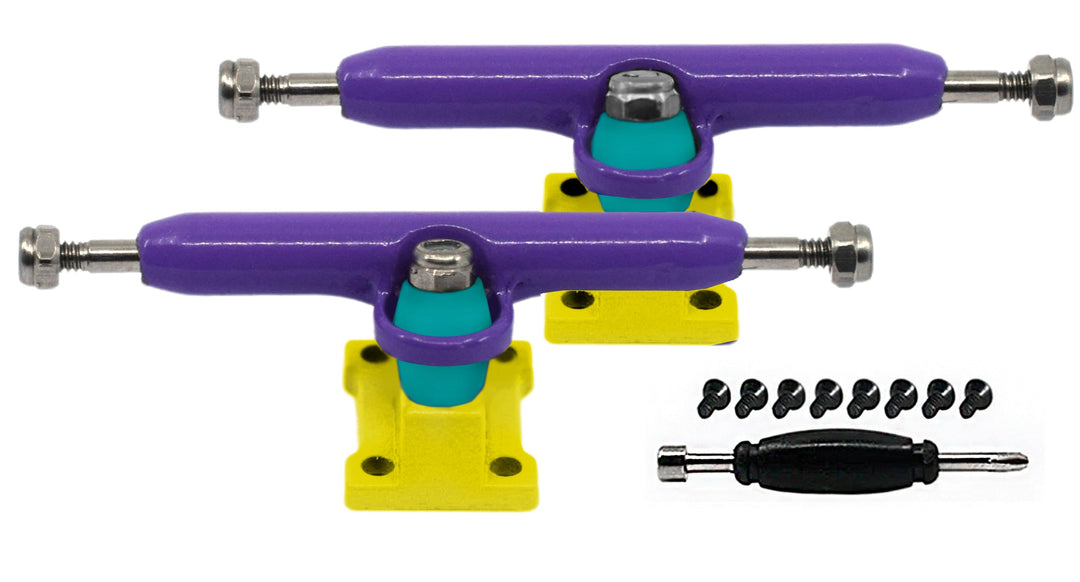 Teak Tuning Professional Shaped Prodigy Trucks, Purple and Yellow "Honeycreeper" Colorway - 32mm Wide- Includes Free 61A Pro Duro Bubble Bushings in Teak Teal Honeycreeper Colorway