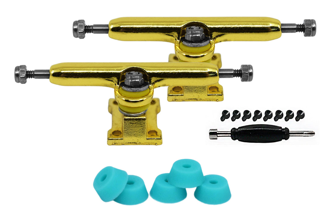 Teak Tuning Fingerboard Prodigy Trucks with Upgraded Tuning, Gold - 34mm Width - Includes Free 61A Pro Duro Bubble Bushings in Teak Teal Gold