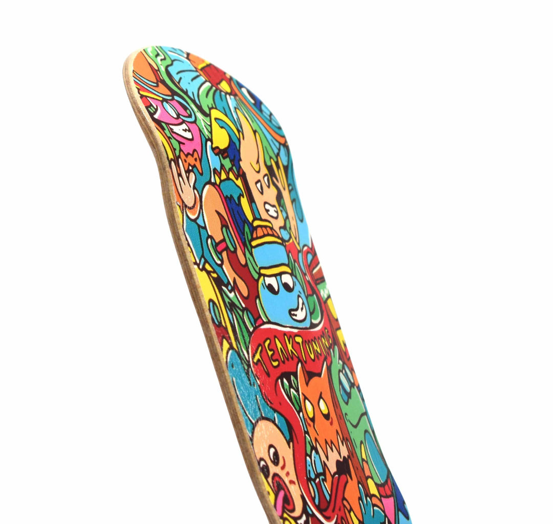 Teak Tuning Heat Transfer Graphic Wooden Fingerboard Deck, "Bubble Bushings & Monsters" - 32mm x 97mm