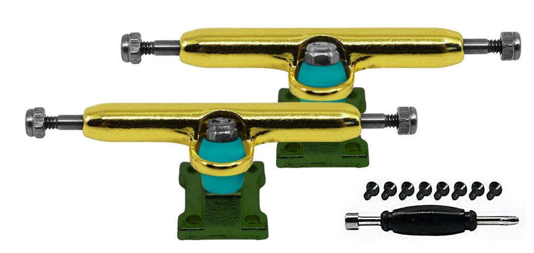 Teak Tuning Professional Shaped Prodigy Trucks, Gold and Green "Marbled" Colorway - 32mm Wide- Includes Free 61A Pro Duro Bubble Bushings in Teak Teal