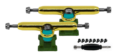 Teak Tuning Professional Shaped Prodigy Trucks, Gold and Green "Marbled" Colorway - 32mm Wide- Includes Free 61A Pro Duro Bubble Bushings in Teak Teal