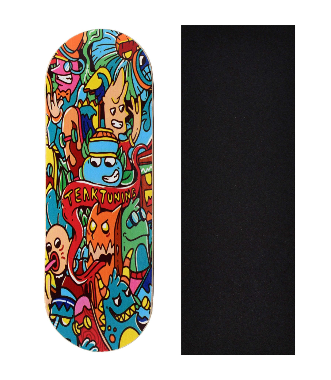 Teak Tuning Heat Transfer Graphic Wooden Fingerboard Deck, "Bubble Bushings & Monsters" - 32mm x 97mm