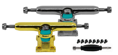 Teak Tuning Fingerboard Prodigy Pro Trucks with Upgraded Tuning, "Sweet Charity" - Gold & Silver - 34mm Width - Includes Free 61A Pro Duro Bubble Bushings in Teak Teal