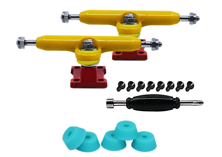 Teak Tuning Professional Shaped Prodigy Trucks, Yellow and Red "Comic Duel" Colorway - 32mm Wide- Includes Free 61A Pro Duro Bubble Bushings in Teak Teal
